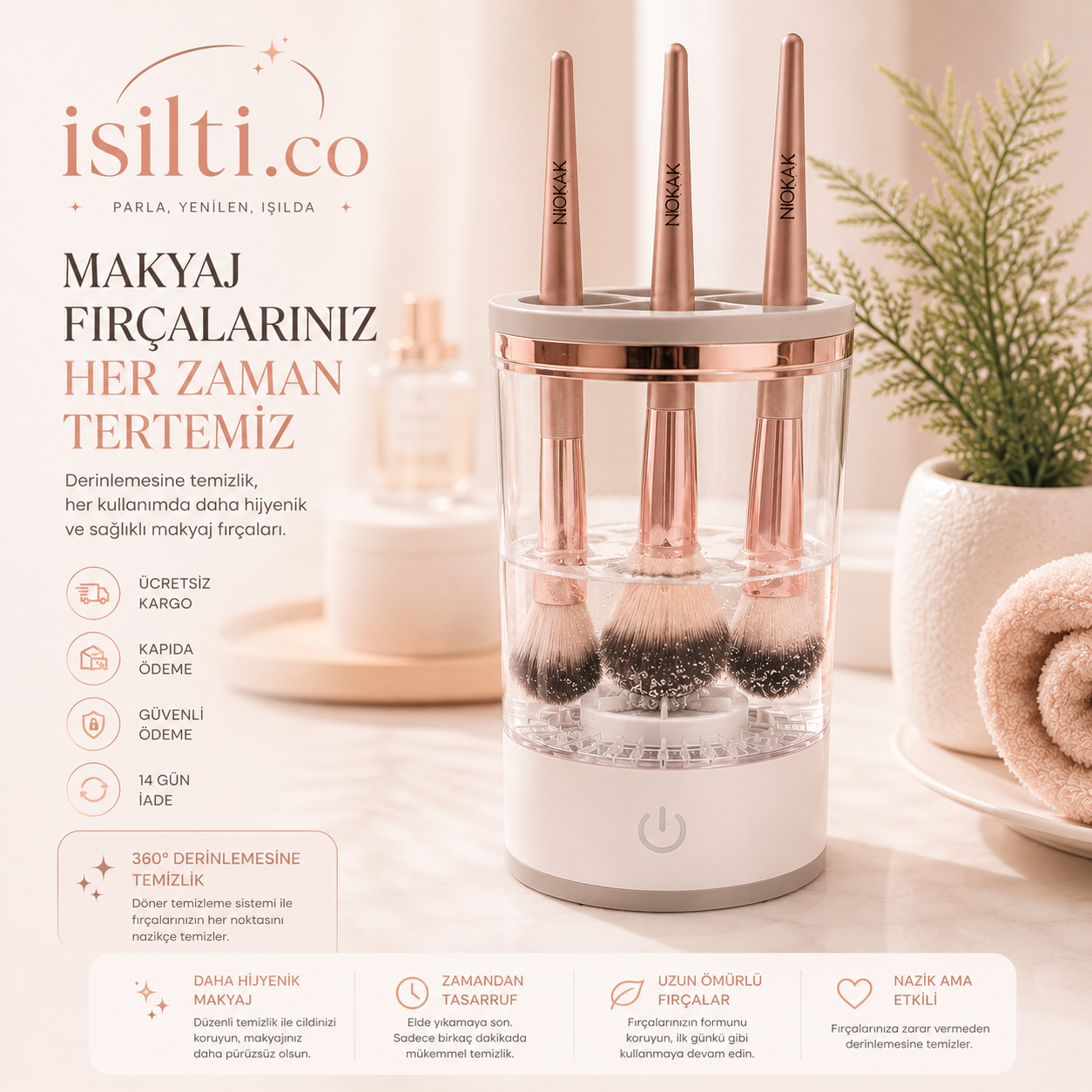 Işıltı Otomatik Makyaj Fırçası Temizleme Cihazı | Tek Tuşla Profesyonel Bakım